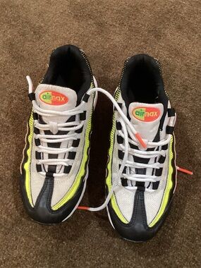 Nike White Black Neon Yellow and Orange Running Sneakers size 5.5Y= women size 7